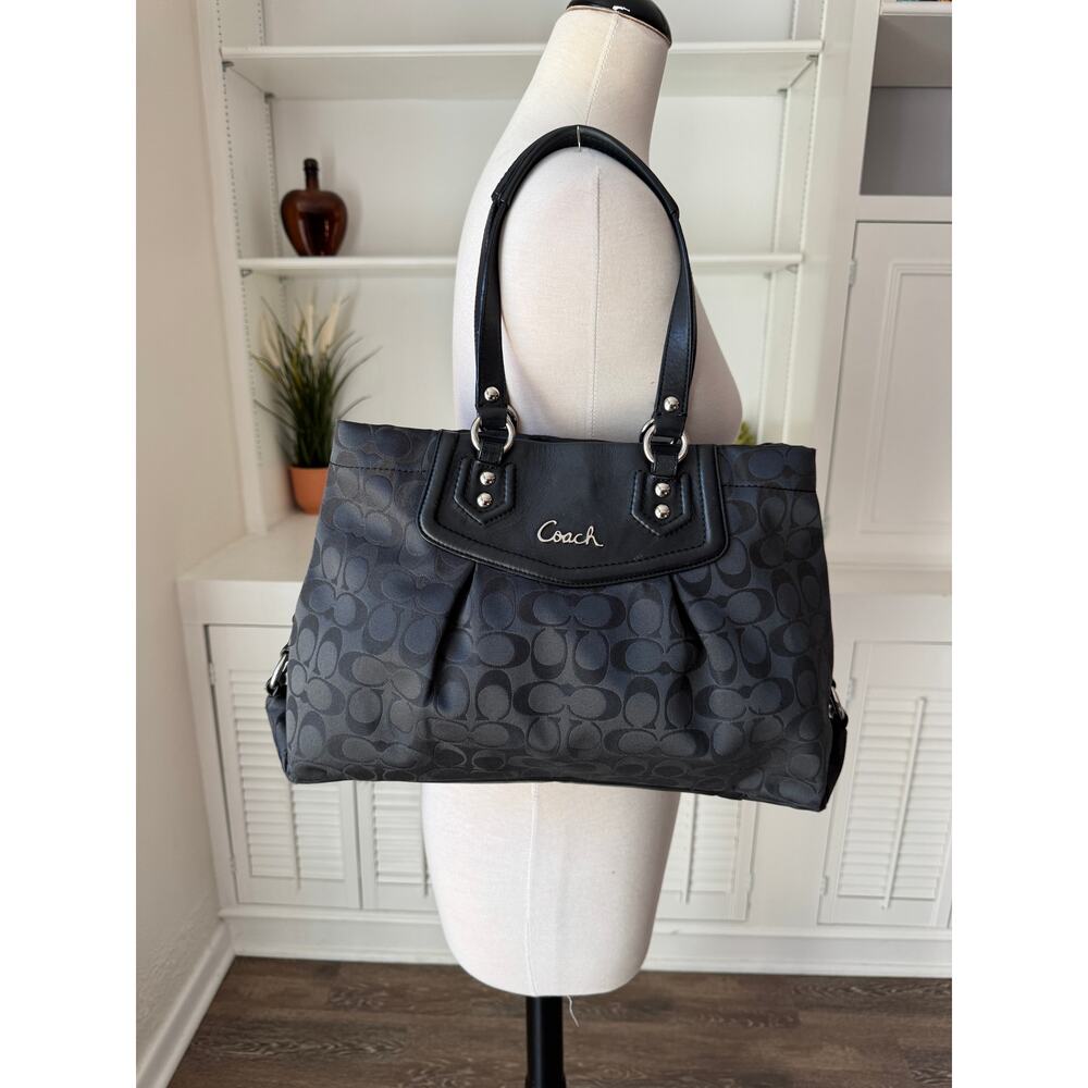 Coach F19244 Black Sateen Signature Monogram Ashley Carryall Satchel Bag